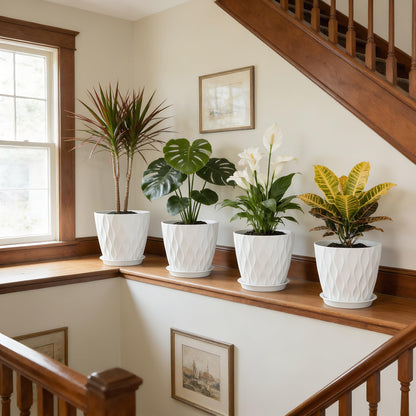 UOUZ 8 Inch Plant Pots, 4 Pack Plastic Planters for Indoor Outdoor with Drainage Holes & Saucers, Waffle Texture Flower Pots for Indoor Plants, Indoor Plant Pots for Monstera, Fiddle Leaf Fig, White