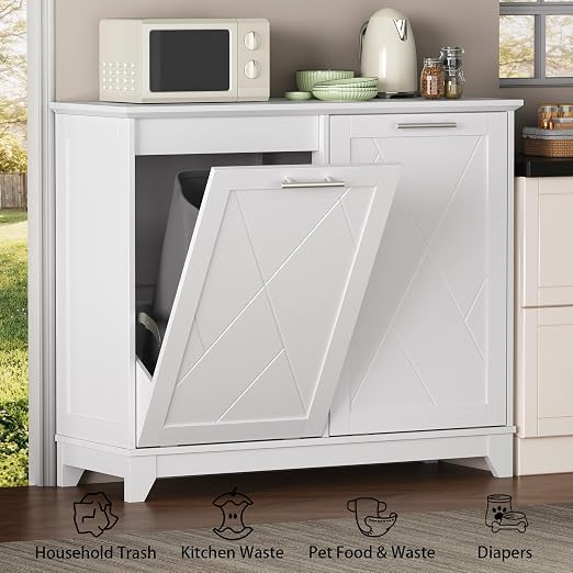 Double Tilt Out Trash Can Cabinet with Charging Station, Negative Ion Odor Control, Hidden Dual 10-Gallon Recycling Cabinet, Dog Proof Garbage Can for Kitchen, Laundry, Dining Room,White