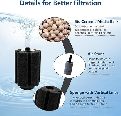 Aquarium Sponge Filter with Ceramic Media and Bubble Diffuser Ultra Quiet Fish Tank Filters fit Breeding Fry Betta Shrimp Fish Tank