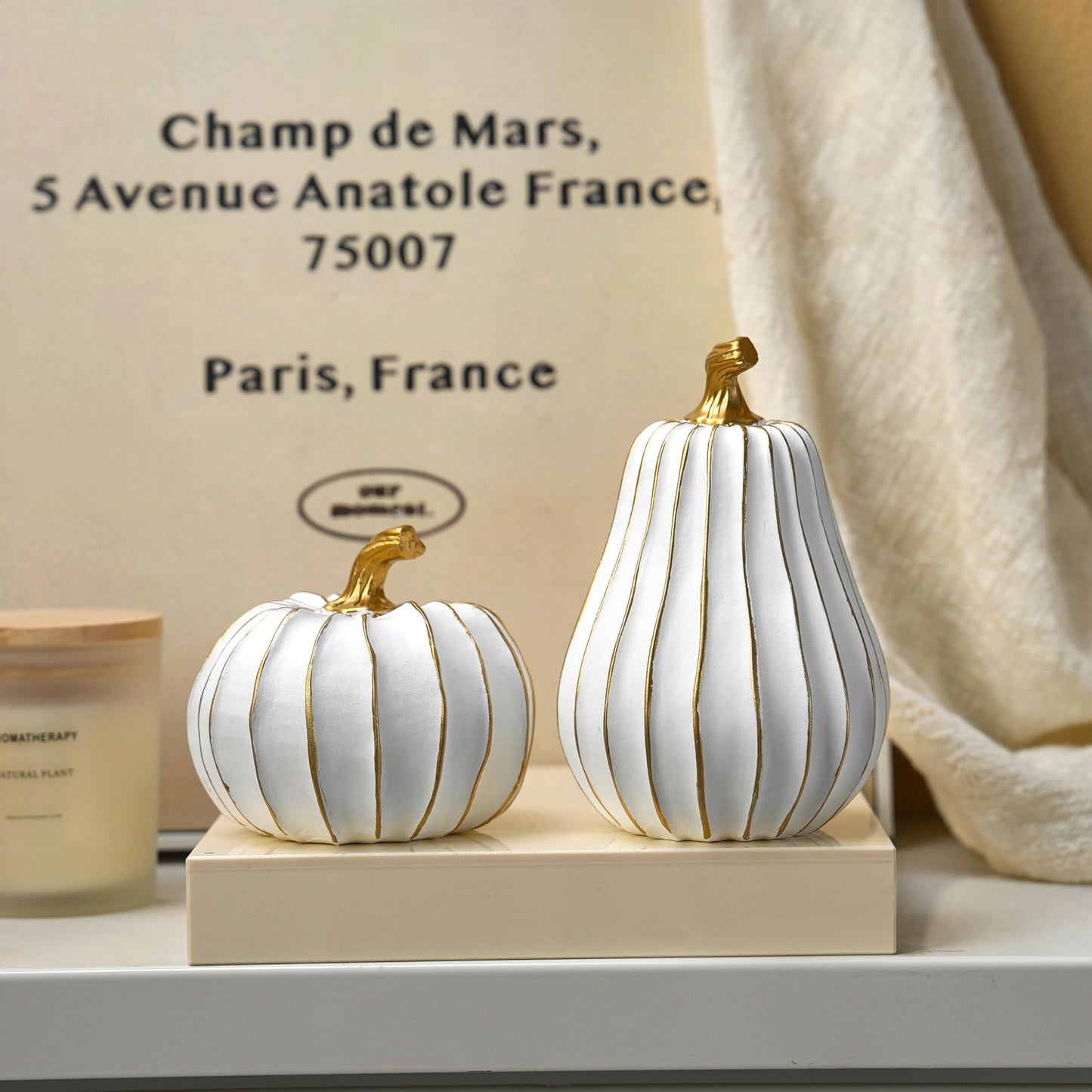 FESTGLOX Pumpkin Fall Decor, White and Gold Pumpkins for Decorating Thanksgiving Table Centerpieces, Artificial Resin Pumpkins Decor for Mantel, Harvest Autumn Tabletop Decoration