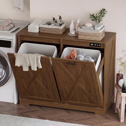 Double Tilt Out Trash Can Cabinet, Wooden Farmhouse Kitchen Garbage Bin Enclosure with Negative Ion Odor Control, Hidden Dog Proof Trash or Laundry Basket Storage for Laundry Room, Walnut