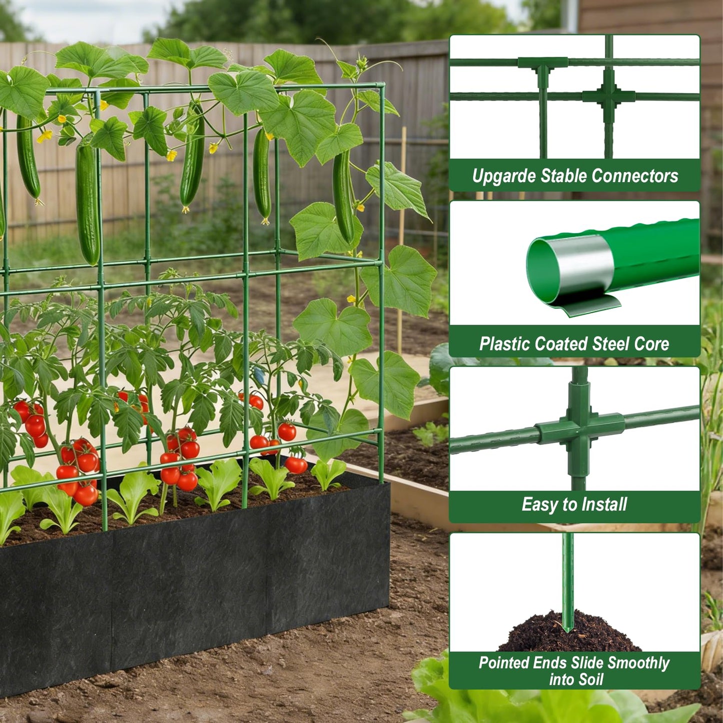 51x17x65Inch Tomato Cage with 46 Gallon Grows Bag, Squar Outdoor Indoor Greenhouse Cucumber Trellis, Garden Trellis with Plant Support Clips for Climbing Plants Squash, Vegetables, Pumpkin, Pea, Grape