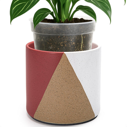 D'vine Dev 6.5" Stoneware Cachepot Planter with 6" Low Clear Nursery Pot & Detachable Saucer – Modern Indoor Plant Pot with Drainage for Bottom Watering & Root Visibility, Crimson Dune, 93-O-C-4