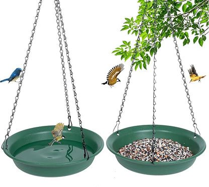 VUWEZ Hanging Bird Feeder & Bath for Outdoors, Wild Bird Feeders Tray, Hanging Birdfeeder Birdbath for Outside, Cardinal, Blue Jay, Crow, Birdfeeders Trays (10", 1 Pcs with Hole & 1 Pcs No Hole)