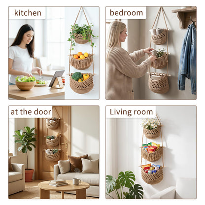 SFSSCDF 3 Tier Hanging Fruit Basket for Kitchen, Macrame Produce Hammock for Potato and Onion Storage, Handwoven Cotton Rope Wall Hanging Vegetable Baskets, Boho Kitchen Decor & Space Saver