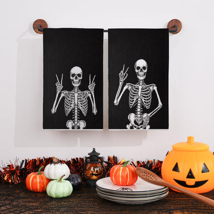 Halloween Kitchen Towels 18x26 Inch Set of 2, Skeleton Spooky Halloween Dish Towels Seasonal Holiday Farmhouse Home Party Decoration