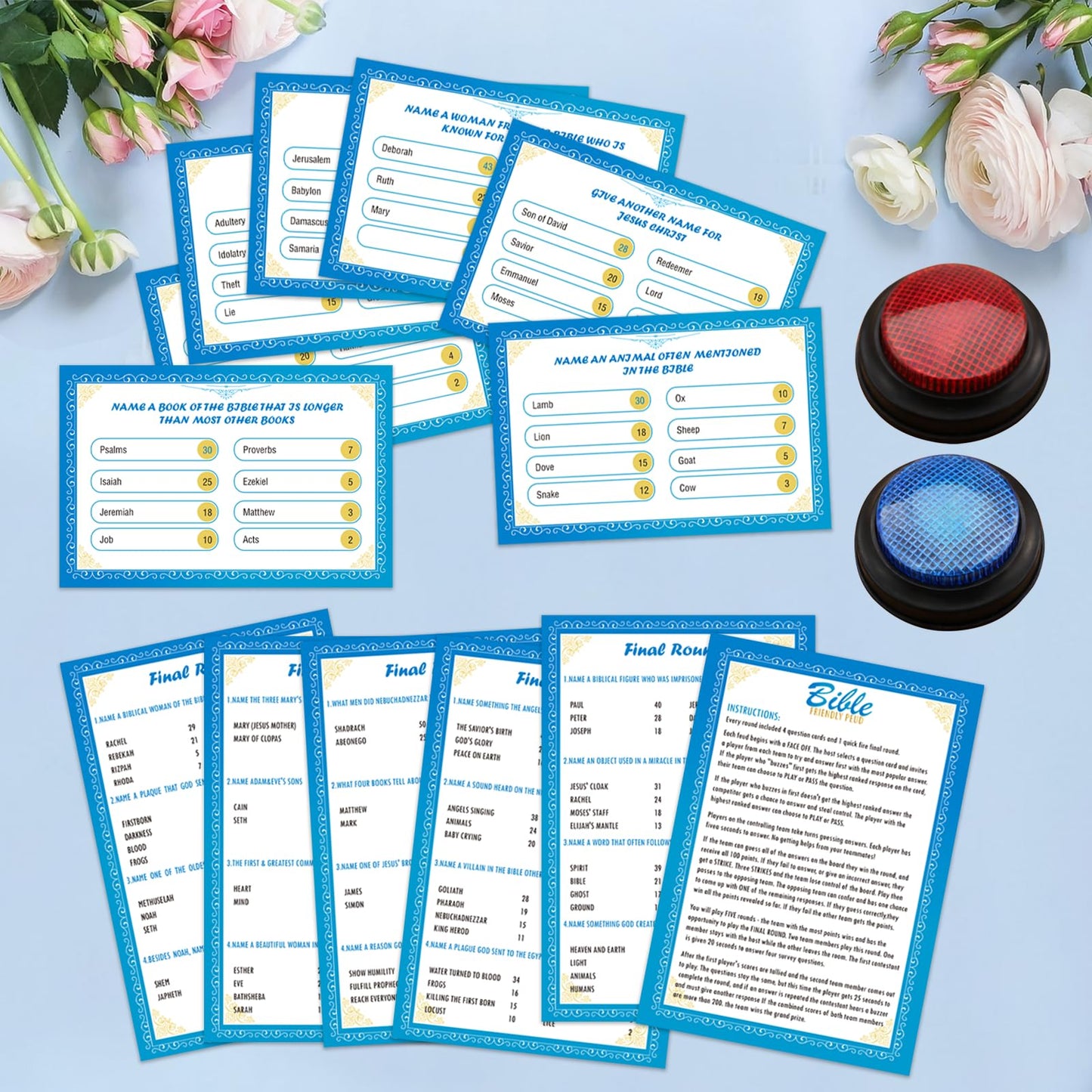 TUSAUW Christian Bible Friendly Feud Game with Answer Buzzers, Religious Feud Card Board Game Night Family Church Group Fun Trivia Quiz for Christmas Easter Party Office Class Team Building
