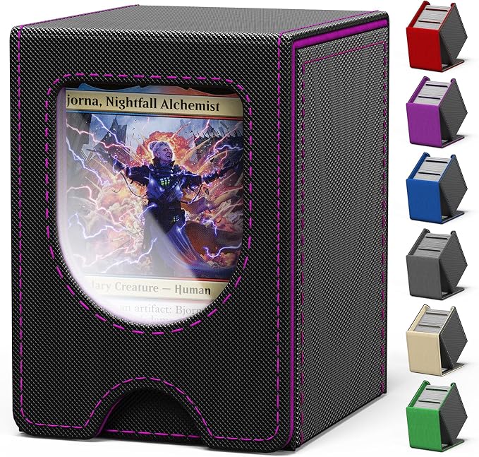 Card Deck Box for MTG Commander, Card Case Holds 100+ Double-Sleeved Cards, Magic Card Box Fits for TCG/PTCG/CCG Card with 2 Dividers (Black&Purple)