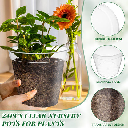 Maxcheck 24 Pcs Clear Nursery Pots with Drainage Holes Pack, Large Transparent Plastic Orchid Pots for Repotting Indoor Plants, Heavy Duty Planter for Monstera, Aroids, Root Observation (8 Inch)