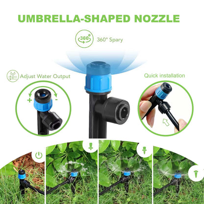 Torioweg Brass Connector Drip Irrigation System, Quick-Connect Garden Watering System Kit with Adjustable 360° Umbrella & Drip Emitters for Greenhouse, Garden Grid, Lawn, Potted Plant (15FT+ 50FT)