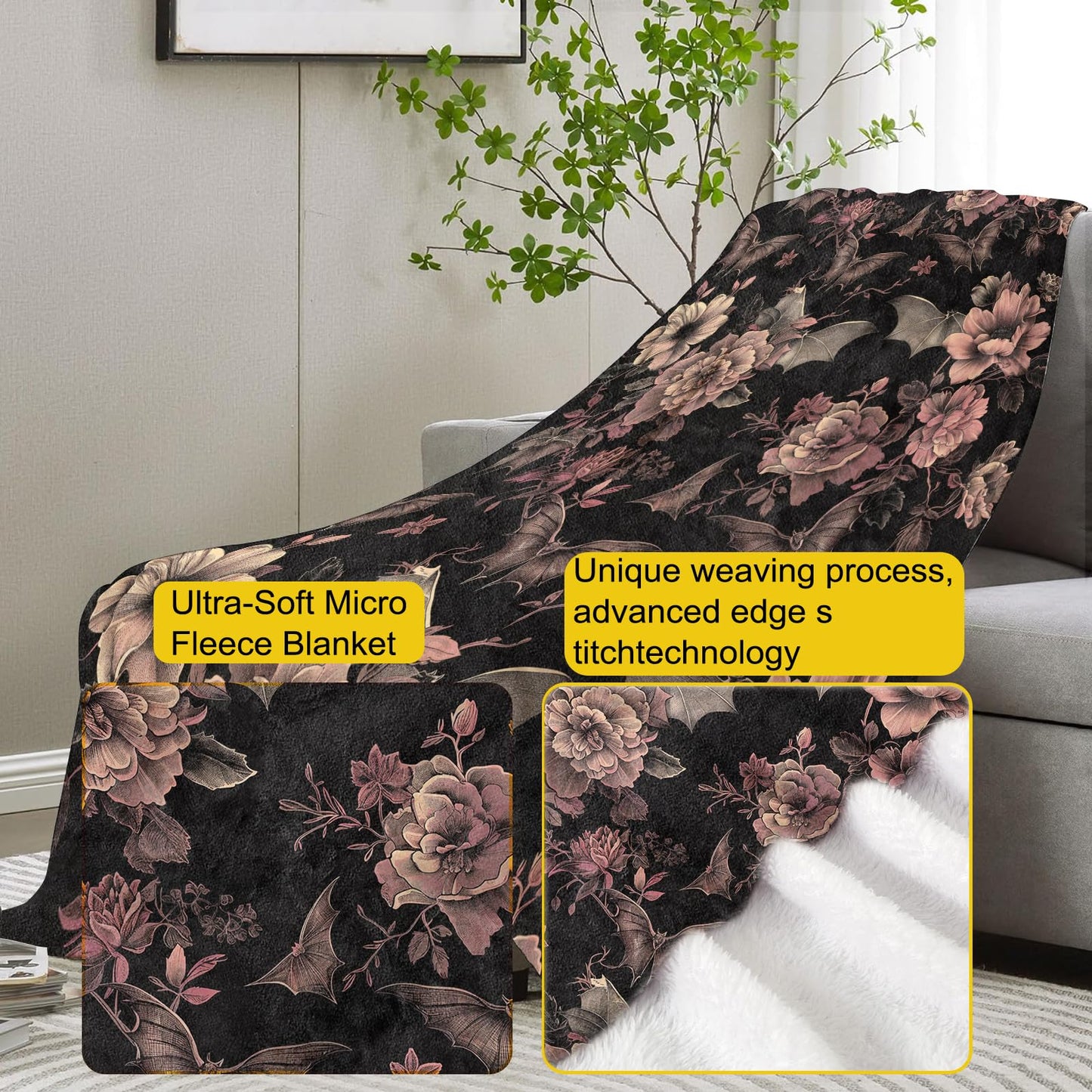 VANZEV Gothic Blanket, Floral and Bat Flannel Throw Blankets,Soft Warm Lightweight Cozy Plush Halloween Goth Throws for Bedroom Sofa Home Decor Gifts for Women Girls 50"x60"