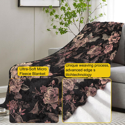 VANZEV Gothic Blanket, Floral and Bat Flannel Throw Blankets,Soft Warm Lightweight Cozy Plush Halloween Goth Throws for Bedroom Sofa Home Decor Gifts for Women Girls 50"x60"