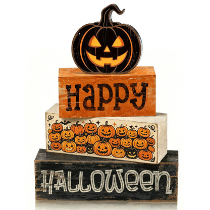 4 Pcs Halloween Tiered Tray Decor, Farmhouse Rustic Wooden Block Signs with Scary Jack-O-Lantern, Happy Halloween Pumpkin Tabletop Centerpiece for Home Kitchen Mantel Shelf
