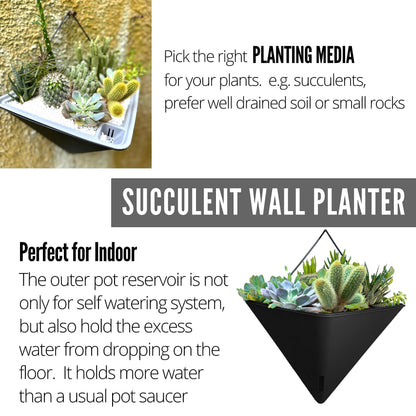 LaLaGreen Bundle - 12" x 6 Pack Black Large Self Watering Geometric Hanging Flower Vase Vessel with Metal Hanger, Modern Stylish Wall Mounted Succulent Pot Holder Decor