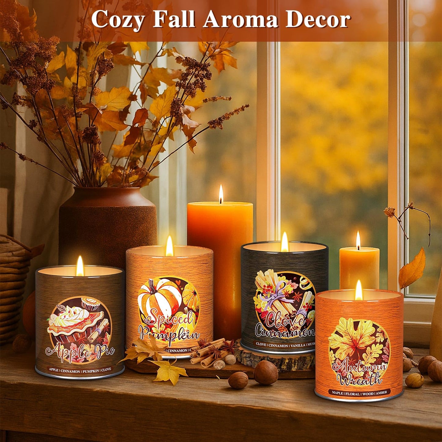 Lanpn Fall Scented Candles Gift Set, 4 Pack 36oz Soy Jar Candle, Thanksgiving Aromatherapy Candles for Woman Man, Autumn Spiced Pumpkin Fragrance Home Table Farmhouse Decoration, Tabletop Centerpiece