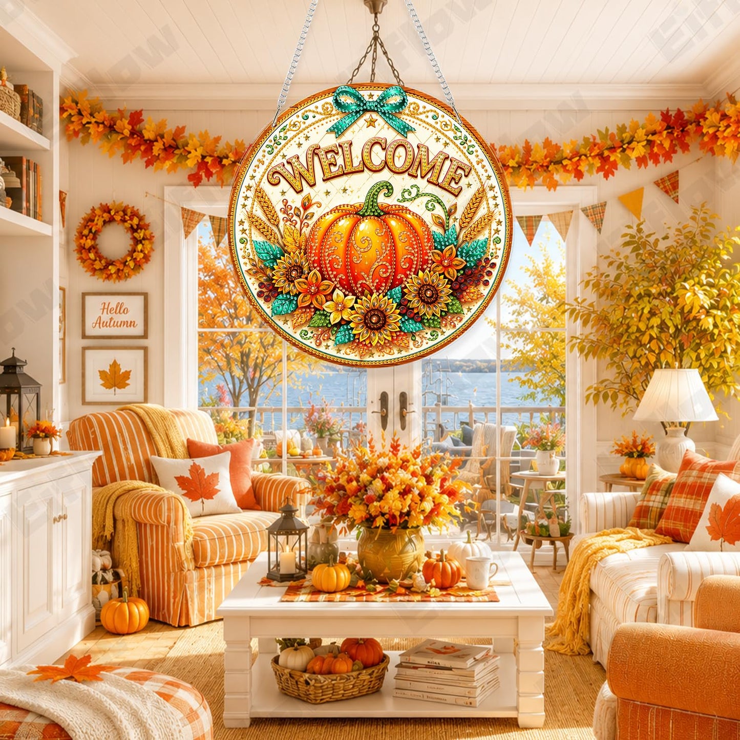 Eiflow Hanging Diamond Art Pumpkin Kit for Adults Fall DIY Acrylic Diamonds Craft Painting Ornament Kit Welcome Sign, Special Crystal Diamond Art Painting Window Wall Door Hanging Pendant
