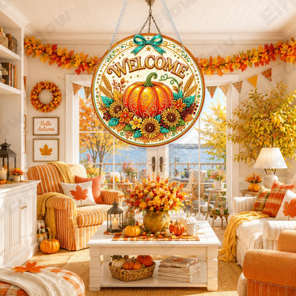 Eiflow Hanging Diamond Art Pumpkin Kit for Adults Fall DIY Acrylic Diamonds Craft Painting Ornament Kit Welcome Sign, Special Crystal Diamond Art Painting Window Wall Door Hanging Pendant