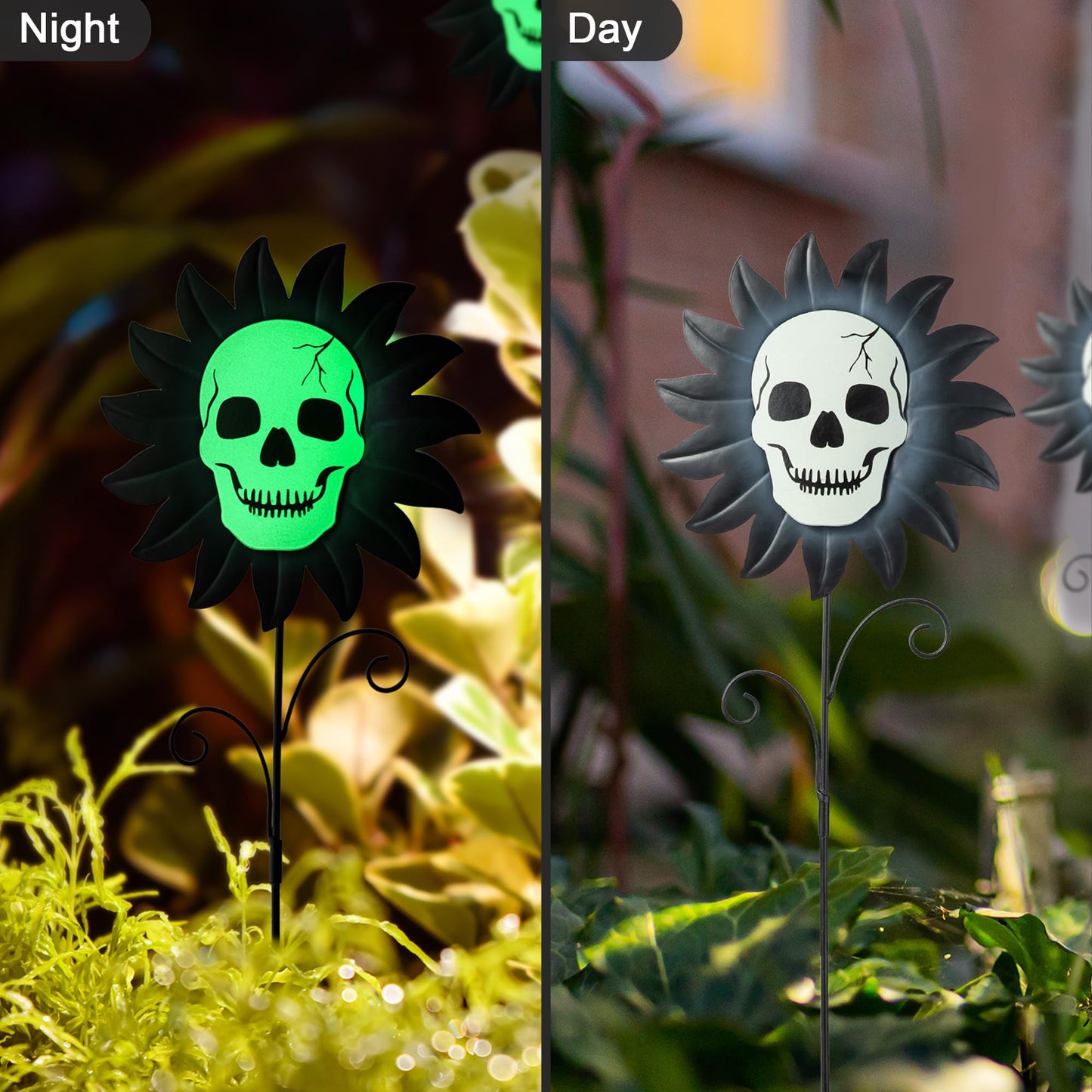 Glitzhome Set of 3 Glow in Dark Halloween Sunflower Skulls Metal Yard Stake, 24" Metal Yard Sign or Wall Decor for Outdoor