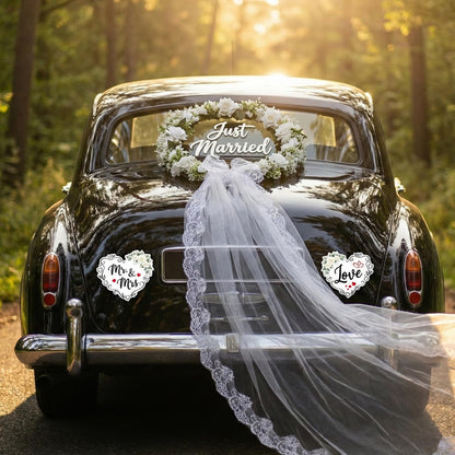 Just Married Car Decorations Set – White Floral Wreath with Long Tulle, Static-Cling Window Decal, Magnetic “Mr & Mrs” & “Love” Heart Signs – Elegant Wedding Getaway Car Decor Kit
