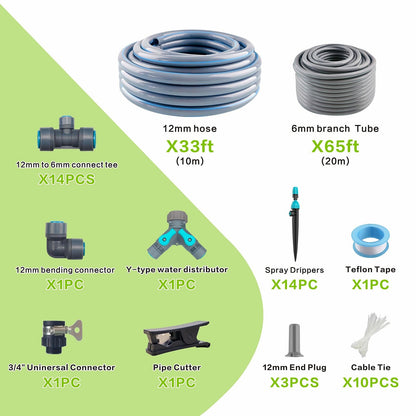 Drip Irrigation System 98ft, Fast Connect Automatic Irrigation Kit with 12mm, 6mm Blank Distribution Tubing and Accessories, DIY Garden Watering Equipment for Garden, Greenhouse, Flower Bed, Patio