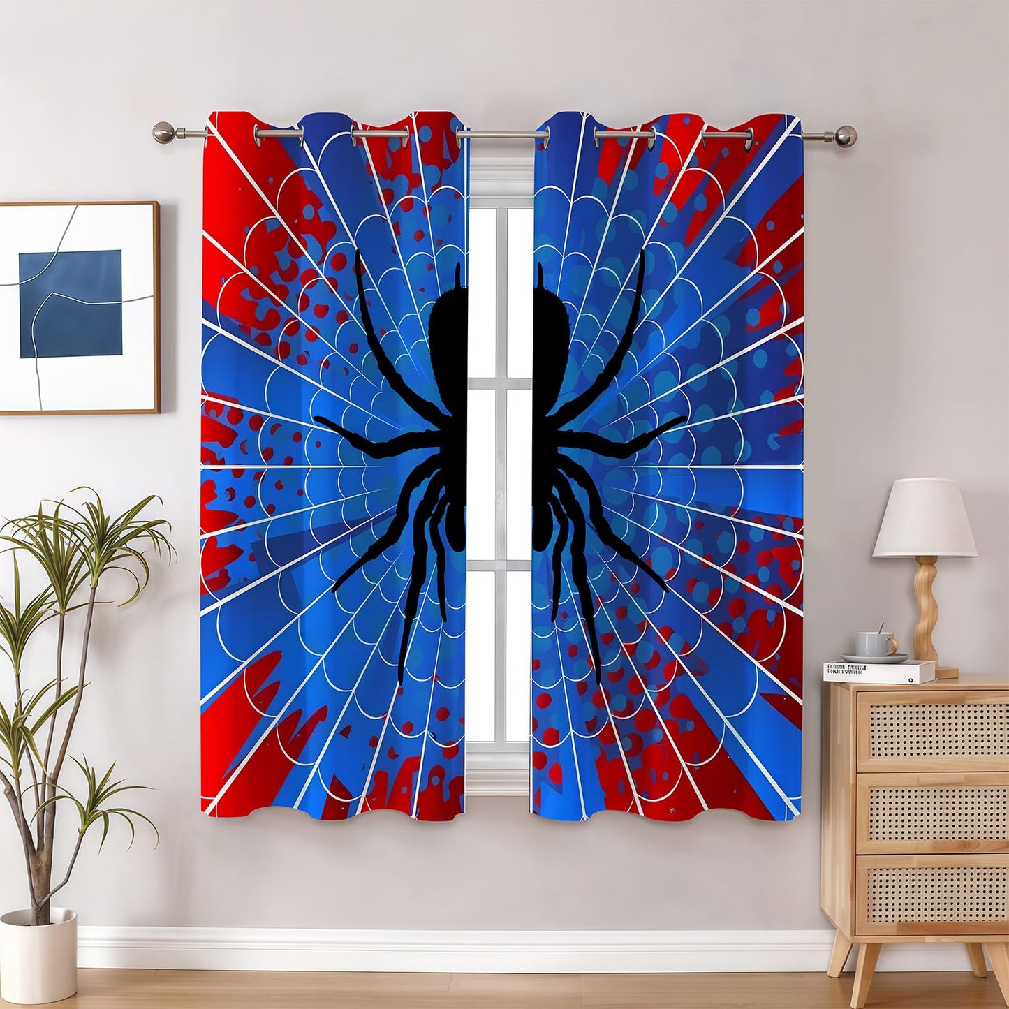 OSUNBD Spider Web Curtains - Blue & Red Superhero Design - Blackout Thermal Insulated Drapes for Kids Room, Bedroom, Living Room - 42 x 63 Inches, 2 Panels