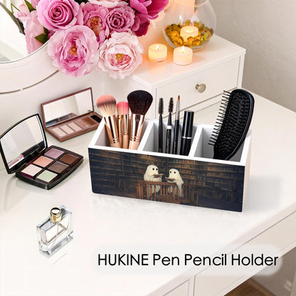 HUKINE Gothic Ghost Bookish Pen Holder for Desk Decoration, Spooky Ghost Reading Book Wooden Box Sign Pencil Holder Organizer for Home Office Desk Accessories, Book Lover Gifts