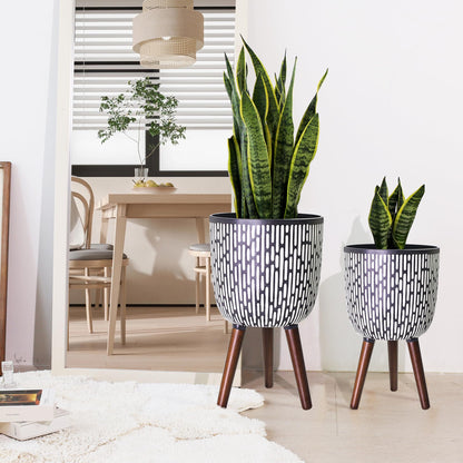 Opnons 2 Set Plant Pot with Stand 10 & 12 inches, Mid-Century Large Planter with Legs for Indoor Plants, Boho Print Standing Plant Pot with Drainage Plug for Monstera, Herb, Succulent Flower Pot