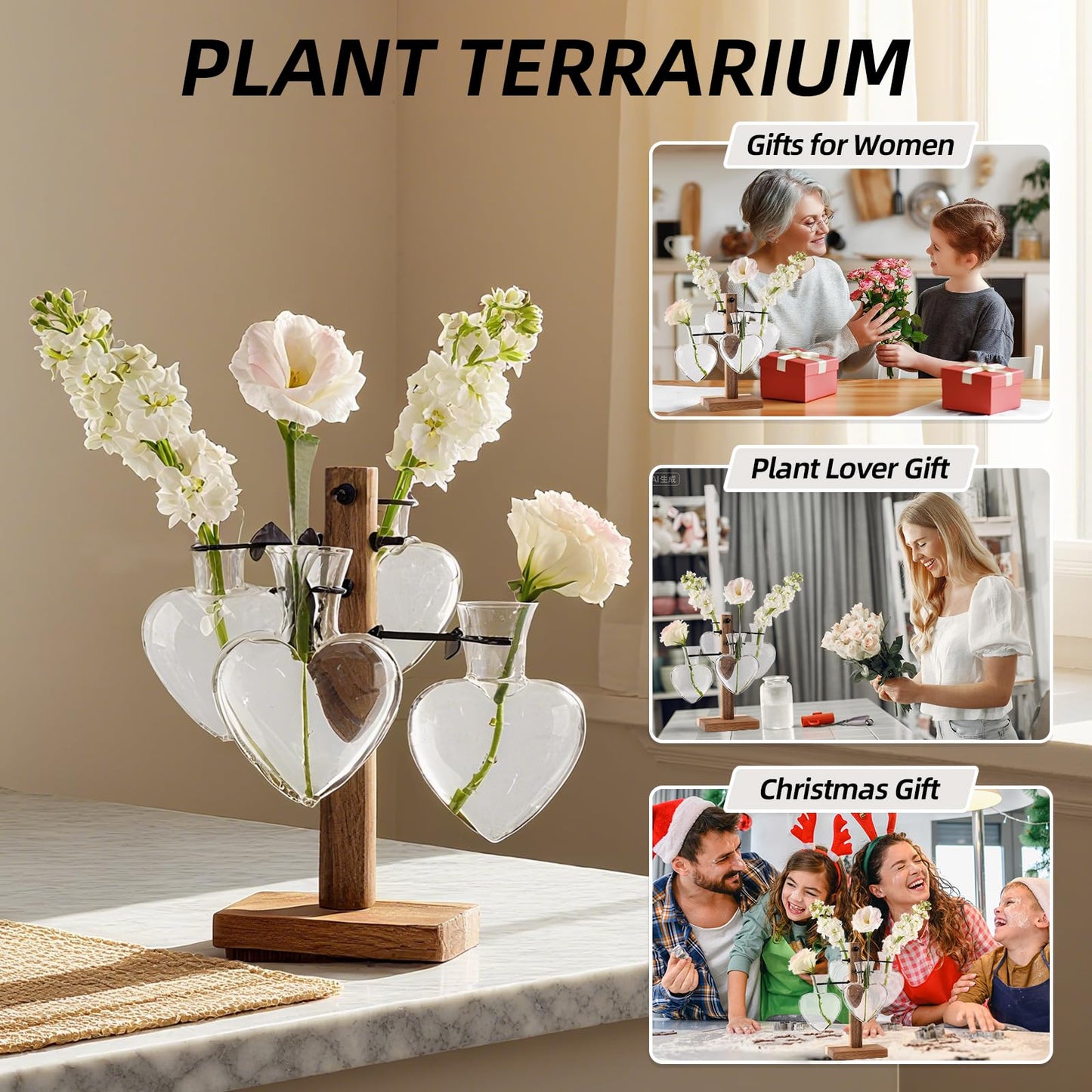 Plant Propagation Station with Acacia Wood Stand, 4 Heart-Shaped Propagation Vases for Plants, Unique Terrarium Kit for Office and Home Decor, Gifts for Plant Lovers