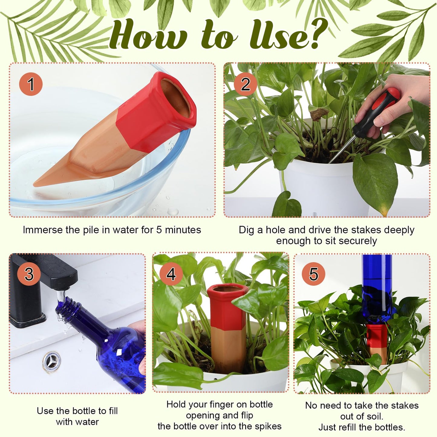 SiliFine 6 Sets Plant Watering Devices Include Terracotta Self Watering Spikes and 26 oz Plastic Bottles, Slow Release Vacation Insert Automatic Plant Waterer Device (Blue and Mixed Color)