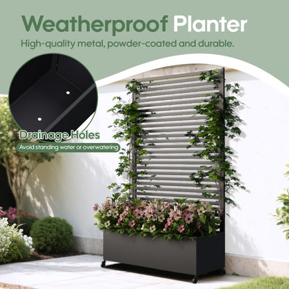 Sunnibety Metal Planter Box with Trellis Privacy Screen, Raised Garden Bed with Trellis & Wheels, Privacy Planters for Patio, Planter Box with Drainage Holes for Climbing Plants, 73"x 47"x 16", Black