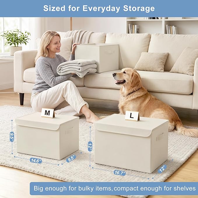 Bagnizer Large 42 Quarts Collapsible Stackable Storage Bins Cube with Lids [3-Pack] Foldable Fabric Linen Storage Boxes, Closet Organizer Baskets with Label for Home (16.7 x 12 x 12, Beige)