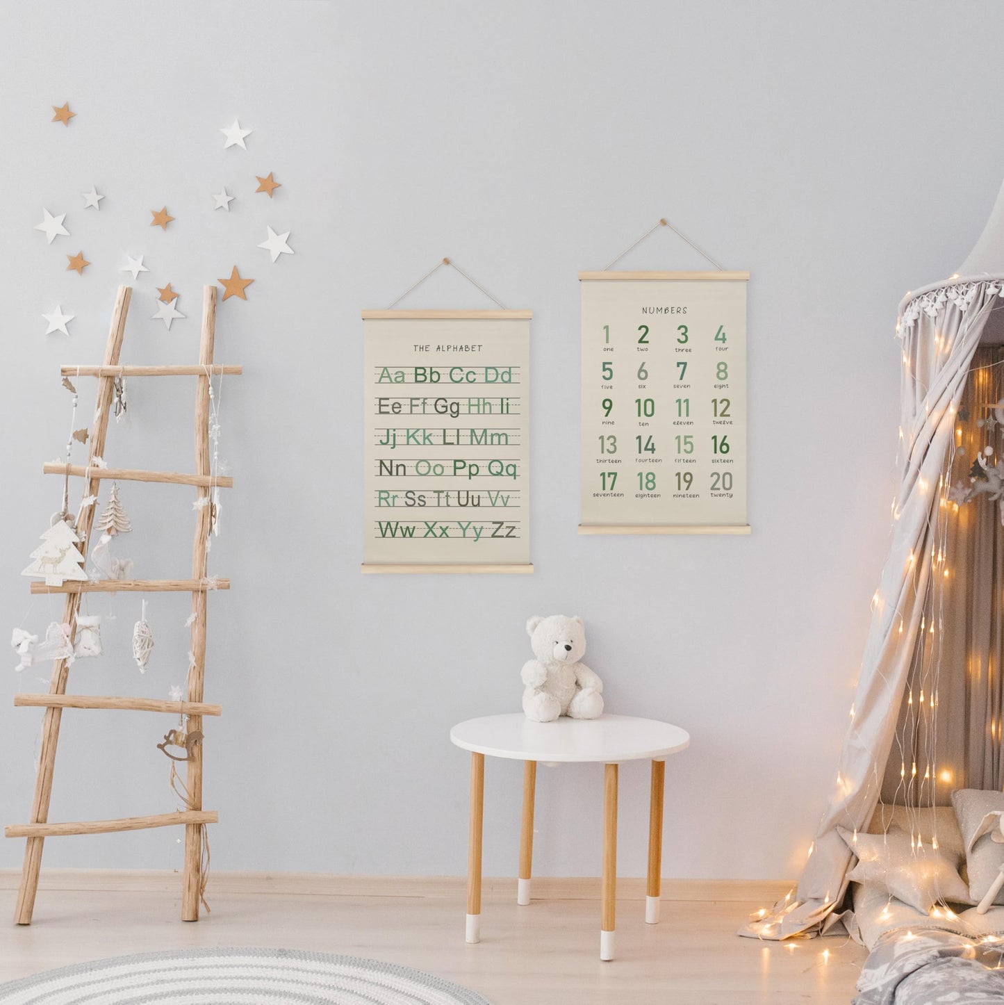 HRQKO Alphabet Numbers Poster Hanger Frame Set of 2, Nursery Wall Decor, Boho ABC Poster Wall Art with Wooden Frames, Sage Green Alphabet Banner Wall Hanging Decor for Toddler Playroom, 16x24 inch