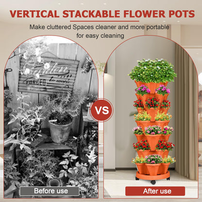 SunFunUSA 7 Tier Vertical Strawberry Planter-Tower Stackable Herb Planter Stacking Garden Planters Pot Outdoor with Tools Mover for Growing Flowers, Vegetables and Succulents, Red