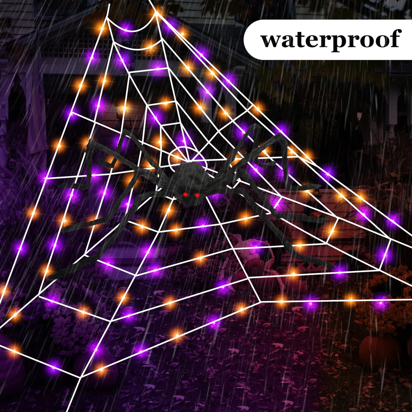 Halloween Giant Spider Web Lights, Spider Web Decoration with 50" Plush Spider & Stretch Cobweb, Powered by Adapter Plug, Remote Control 8 Lighting Modes, Perfect for Scary Halloween Yard Decorations