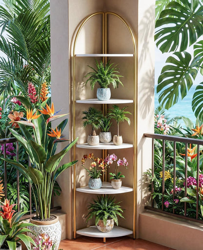 Rifoer 5 Tier Corner Shelf, Luxury Gold Corner Plant Stand with White Wood Shelves,Modern Metal Corner Bookshelf Display Rack,Premium Corner Storage Shelving Unit for Living Room,Bedroom,Bathroom