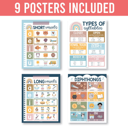 Hadley Designs Phonics Posters for Classroom Must Haves - 9 Sound Wall for Kindergarten & Elementary Teacher Supplies, Syllable, Vowels, Digraphs & Blends Bulletin Board Set, Boho Classrom Decor