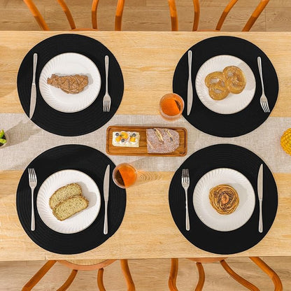 SHACOS Black Round Placemats Set of 12 Heavy Cotton Polyester Woven Braided Place Mats Washable Heat Resistant Non Slip Table Mats