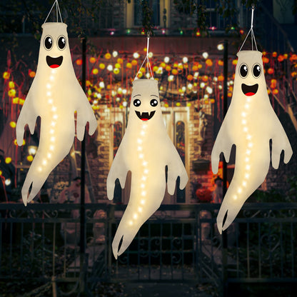 3PCS 43 Inch Halloween Lighted Hanging Ghost Windsocks Hanging Decorations for Tree, Fall LED Flag Wind Socks for Home Yard Outdoor Autumn Decor Party Supplies (Batteries Not Included,No Timer)