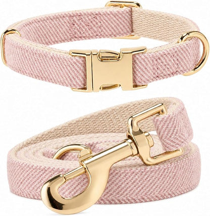 Herringbone Tweed Dog Collar and Leash Set for Medium Dogs, Pink | Snag-free, no-rub design. Soft breathable cotton, gentle on fur. Adjustable durable matching combo for walks & outdoors.