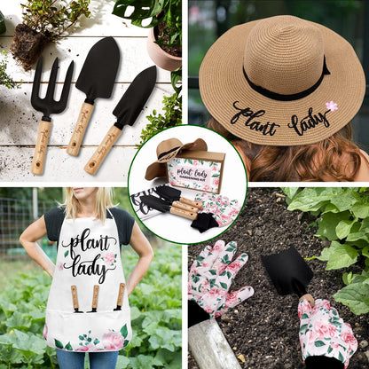Percozzi Plant Lady Gardening Tool Gifts for Mom Gardening Tools Kit Planting Tools Straw Hat Floral Apron Glove for Her Mother Spring Grandmother Plant Lover Gift Horticulture Starter