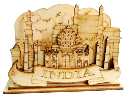 Purpledip Wooden Visiting Cards Holder Office Table Gift for Employees: Taj Mahal (11670)