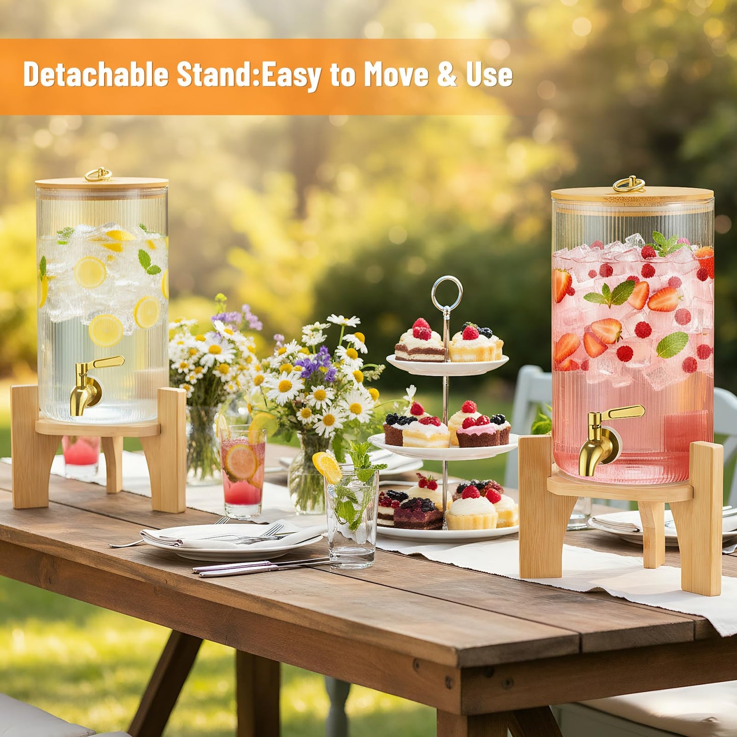 NiHome 2-Pack 1.3 Gallon Drink Dispenser for Parties, 4.9 L Glass Iced Beverage Dispenser, Large Glass Party Drink Dispensers for Lemonade, Tea, Juice & Bamboo Lid, Wood Stand & Stainless Steel Spigot