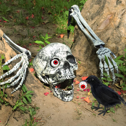 Skeletons Halloween Decorations Outdoor, Realistic Skeleton Hands and Head with Crow and Red Eyes for Graveyard Yard Lawn Garden Decoration