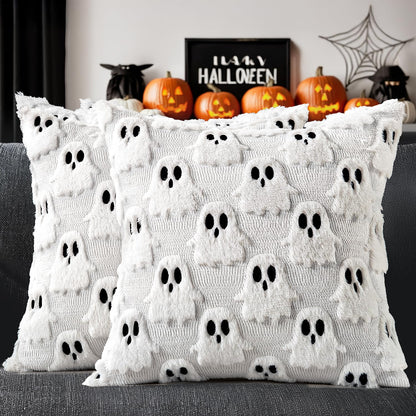 MIULEE Halloween Pillow Covers Set of 2 White Ghost Decorative Soft Throw Pillows Plush Faux Fur Wool Couch Cushion Case for Fall Decor Chair Sofa Bedroom Living Room 18x18 inch