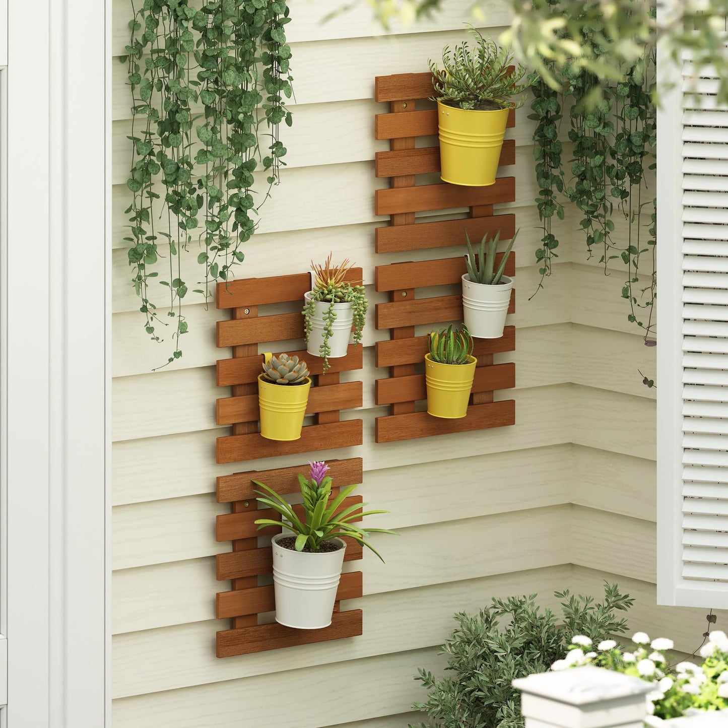 Furinno TIOMAN Outdoor Vertical Wall Planter, Set of 4 Wooden Hanging Planters, for Indoor, Outdoor Plants, Balcony, Patio, Light Wood