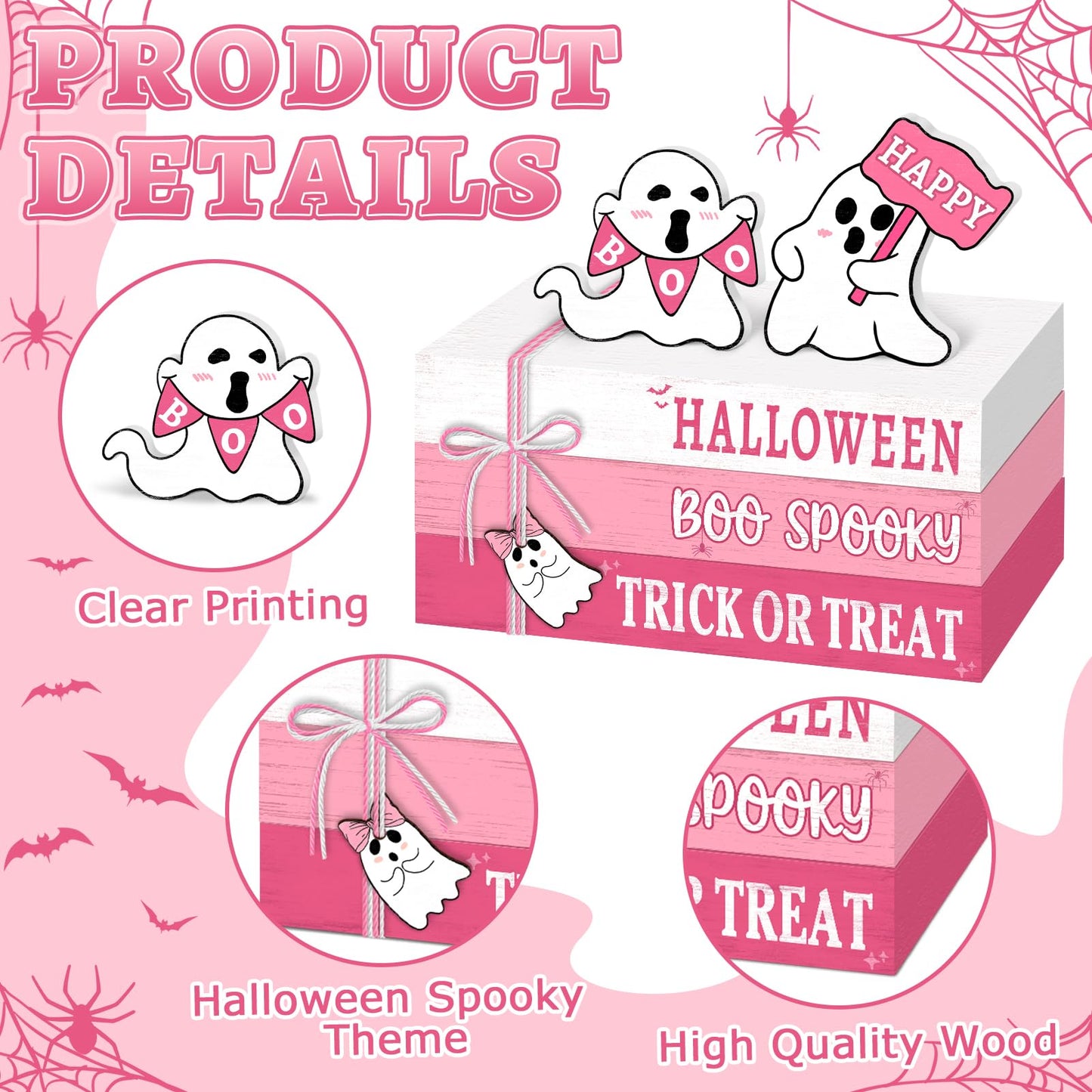 Culudea 6 Pcs Halloween Decorations for home Pink Ghost Wooden Book Stack Sign Halloween Table Decor Tiered Tray Decor with Hanging Ghost Boo Table Centerpiece for Home Shelf Mantel