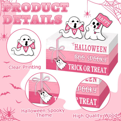 Culudea 6 Pcs Halloween Decorations for home Pink Ghost Wooden Book Stack Sign Halloween Table Decor Tiered Tray Decor with Hanging Ghost Boo Table Centerpiece for Home Shelf Mantel