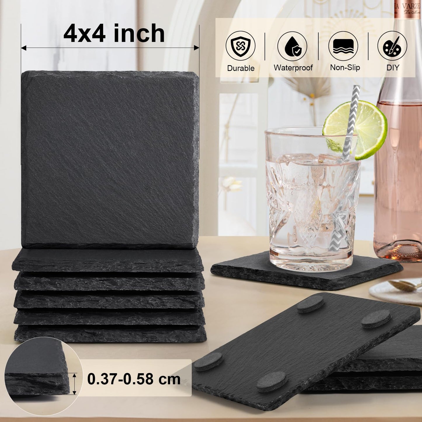 Slate Coasters Set 12, MAPRIAL 4 Inch Square Rustic Black Stone Coasters for Drinks with Anti-Scratch Backing for Halloween, Bar, Kitchen, Housewarming Gifts, Home Decor
