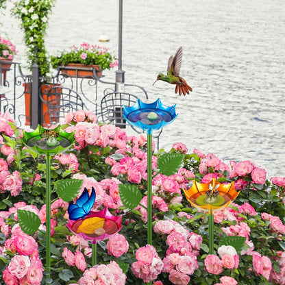 Retyion Bee Watering Station | 4 Pack Butterfly Feeder for Outside | Metal Decorative Garden Stakes | Bee Baths for Garden Yard Decor Umbrella Design (Red,Green,Blue,Yellow)