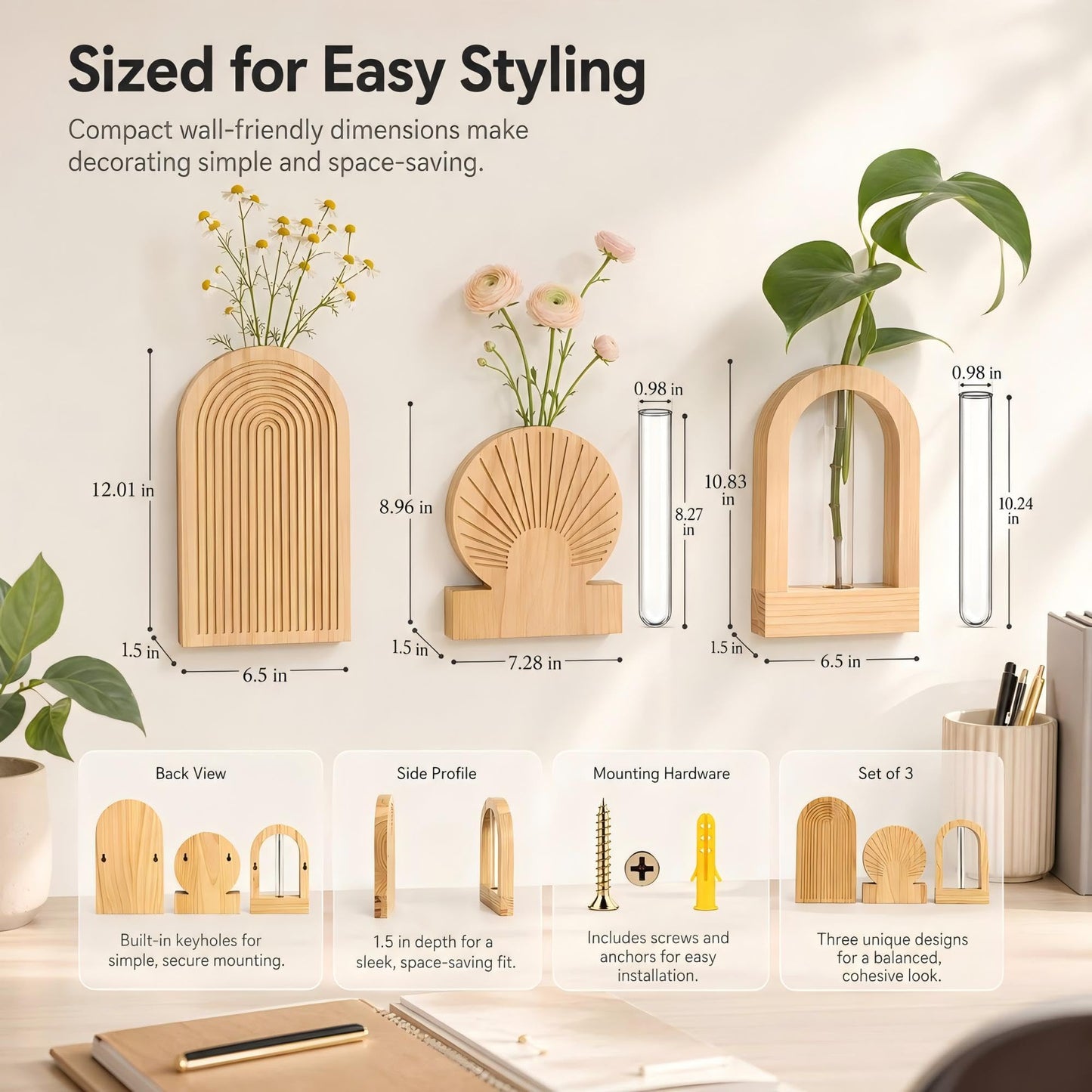 TBWIND Wooden Wall Vases Set of 3, Modern Farmhouse Arch Propagation Station with Glass Planter Tubes, Boho Fluted Hanging Decor for Entryway, Living Room & Narrow Spaces (Natural)